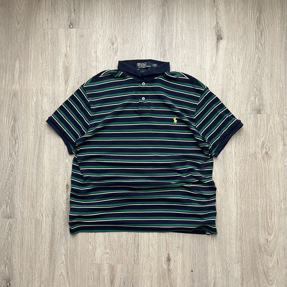 Vintage Polo Ralph Lauren Polo Shirt Mens L Green Black Striped Short Sleeve